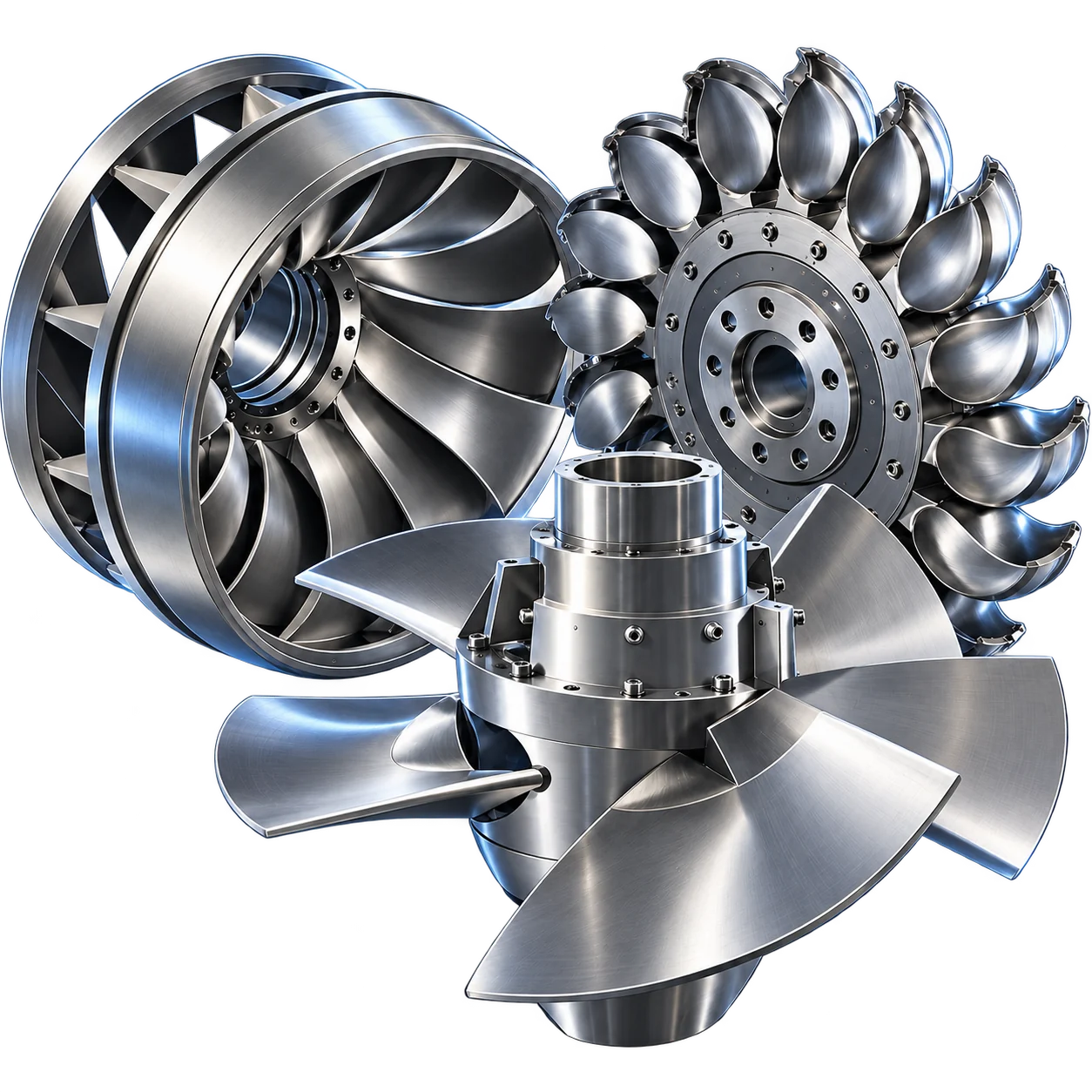 Pelton, Francis and Kaplan turbine components